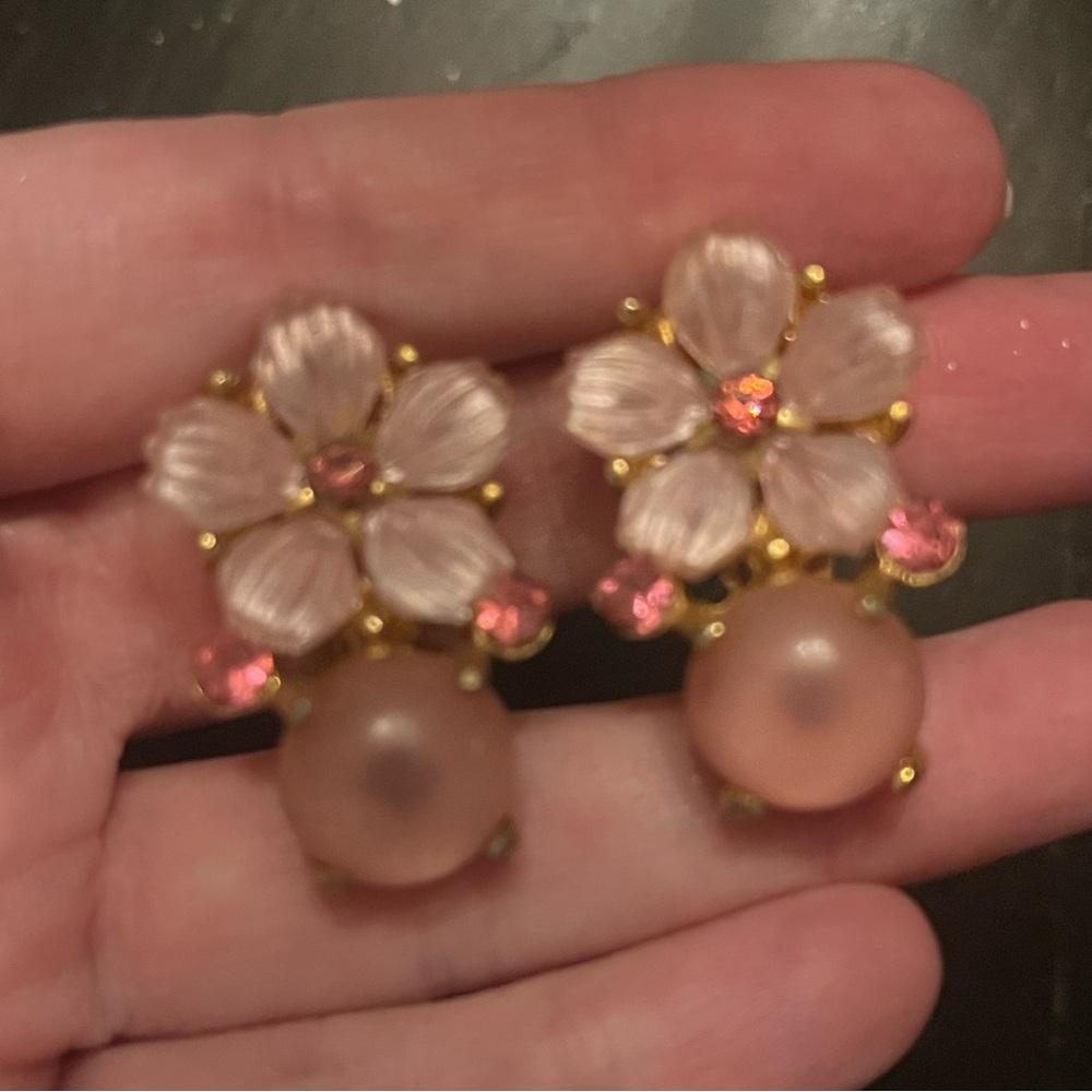 Vintage Pink Floral Clip on Earrings with Pink Stones